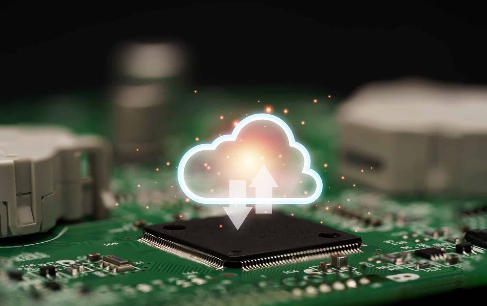 Cloud upload/download illustration over a computer chip for data backup and recovery.